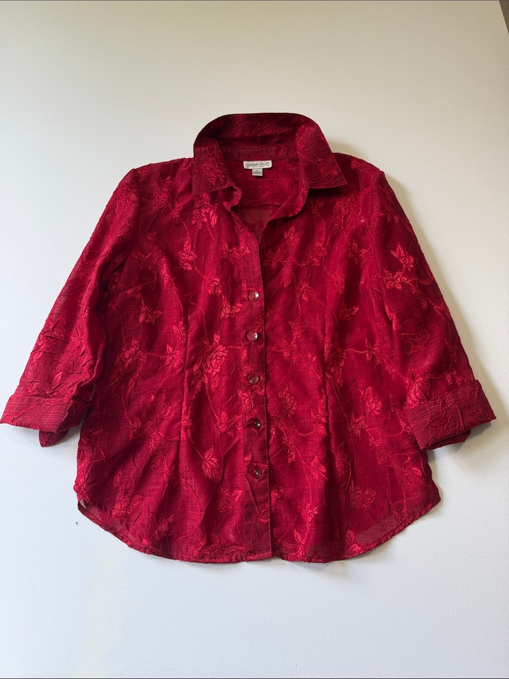 Coldwater Creek Women’s Deep Red Floral Jacquard Button-Down Shirt -M